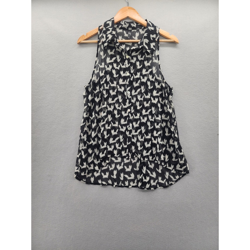 Papaya Fox Print Sleeveless Chiffon Blouse Black White Button Down Top Medium M